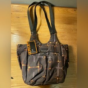 Brand New Ariat Purse Black Nylon Gold Bridle Bit Pattern Outside Pockets Zip.